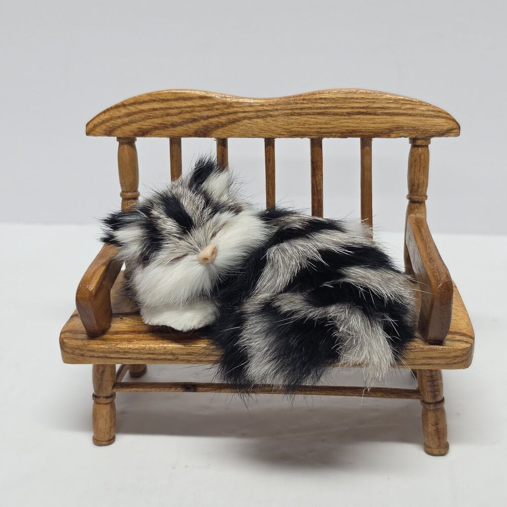 VINTAGE NATURAL RABBIT HAIR TABBY FLUFFY KITTY CAT FIGURINE SLEEPING ON BENCH